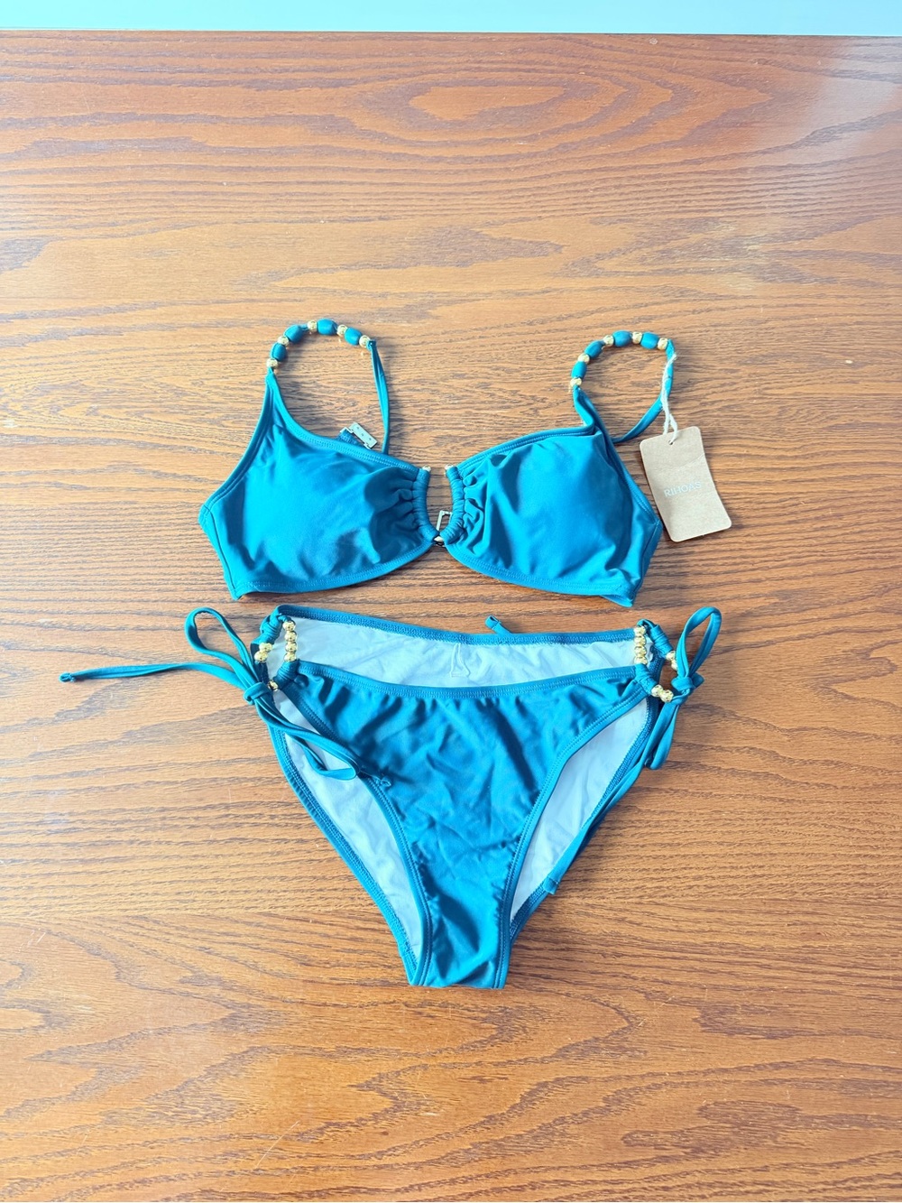 RIHOAS Teal Two-Piece Bikini with Beaded Straps